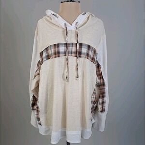 POL Oversized Patchwork Hoodie Flannel Sweater Pullover Slouchy Lagenlook Sz L